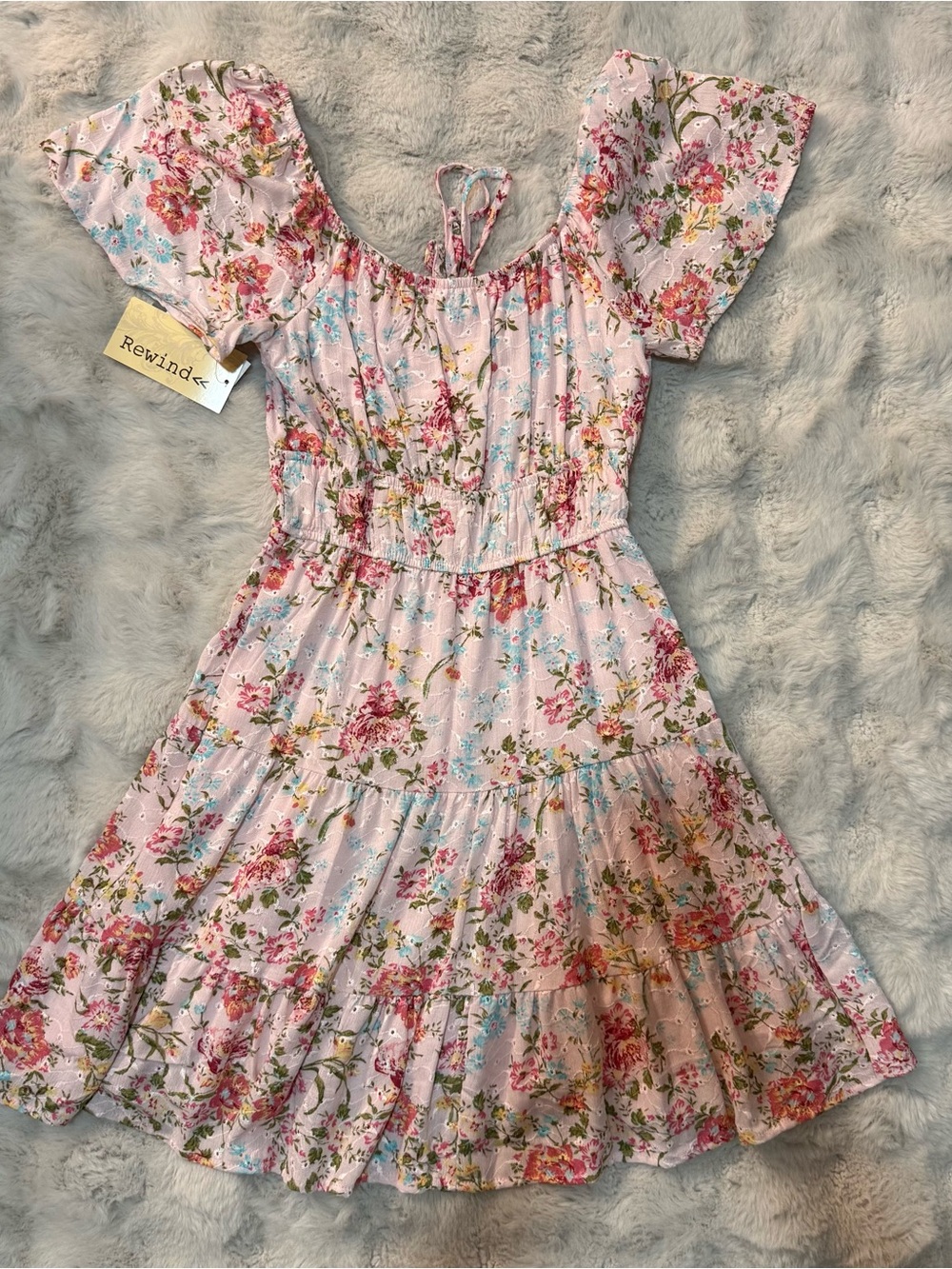 Rewind Pink Floral Smocked Tiered Mini Dress - Picture 3 of 7